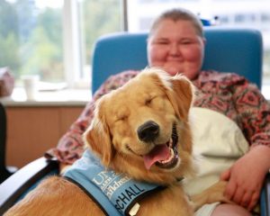 SCHALL, the rehabilitative facility dog at the N.C. Cancer Hospital’s pediatric hematology oncology clinic, with a patient.