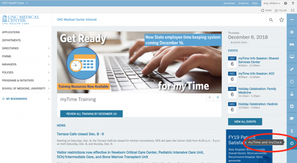 You will be able to access myTime and myClock from the icon on the lower-right corner of the Intranet home page. Until Dec. 16, this icon points to a placeholder link for training resources.