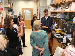Matt Begley, of the Dohlman Lab, discusses an experimental technique to pharmacology department support staff.