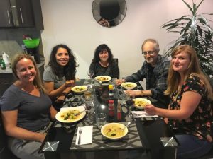 Research team having dinner together in Cuenca. Left to right: Luisa Cesar, Karla Jimenez, Dr. Sheryl Zimmerman, Dr. Philip Sloane, Brenna McColl. Not pictured: Erika Munshi